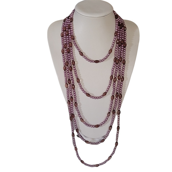 Mauve and Pink 6 Strand Faux Pearl and Glass Beads - Picture 4 of 4